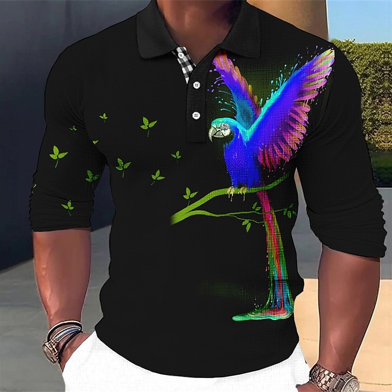 Men's Parrot Hawaiian Polo Shirts Golf Shirt Long Sleeve Polo Shirts Collared Shirts Casual Funny Beach Wear Vacation Wear Party Outfits 3D Print Buttons Fall & Winter Yellow Red Blue3
