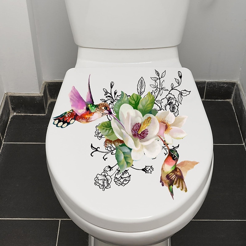 Birds Flowers Toilet Seat Lid Stickers Self-Adhesive Bathroom Wall Sticker Floral Birds Butterfly Toilet Seat Decals DIY Removable Waterproof Toilet Sticker for Bathroom Cistern Decor2