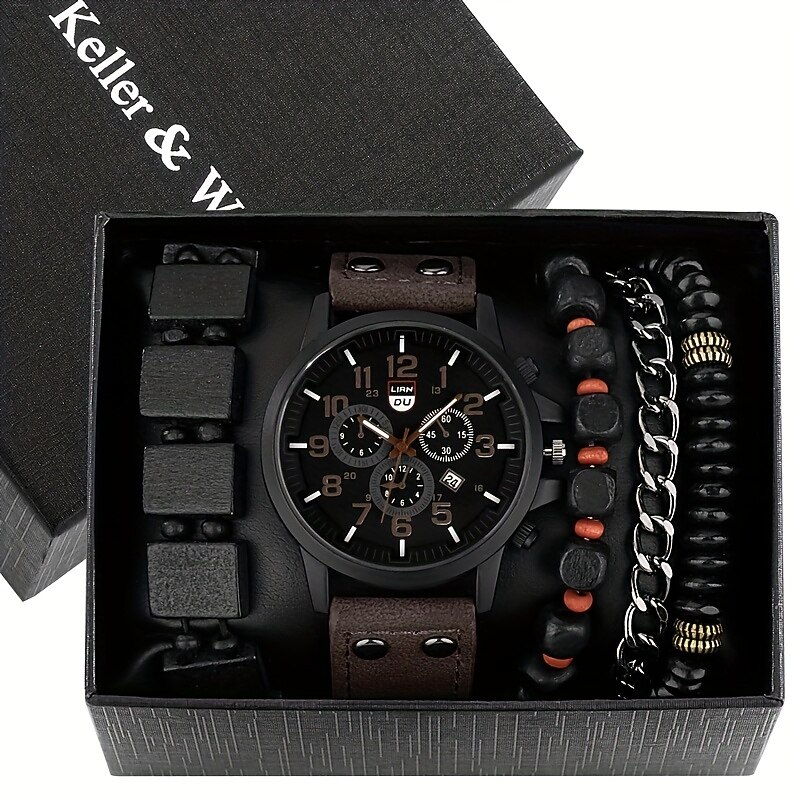 Keller Weber 5Pcs Watches Bracelet Set Luxury Men Quartz Wristwatches Leather Band Fahsion Casual Watch For Men Gift For Boyfriend3