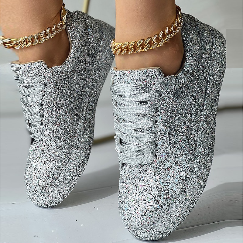 Women's Silver Glitter Platform Sneakers - Sparkly Lace-Up Casual Shoes for Parties and Street Style3