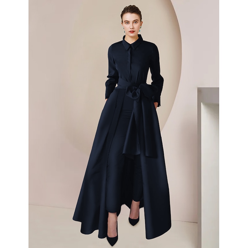 Two Piece Jumpsuits Mother of the Bride  Formal Wedding Guest Elegant Party Shirt Collar Floor Length Taffeta Long Sleeve with Bow(s) Solid Color
