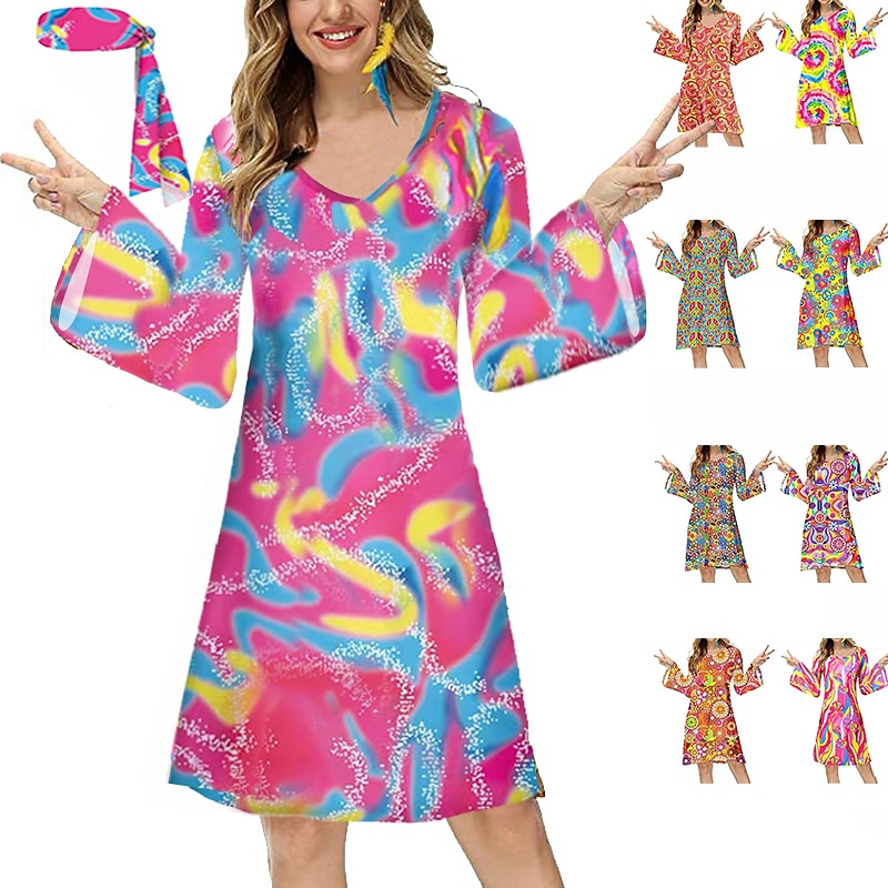 Hippie 1970s Disco Dress Cosplay Costume Headband Flare Cuff Sleeve Hippie Disco Fancy Dress Women's Girls' Halloween Carnival Masquerade Party Evening Wear Pride Parade Pride Month Adults' Dress