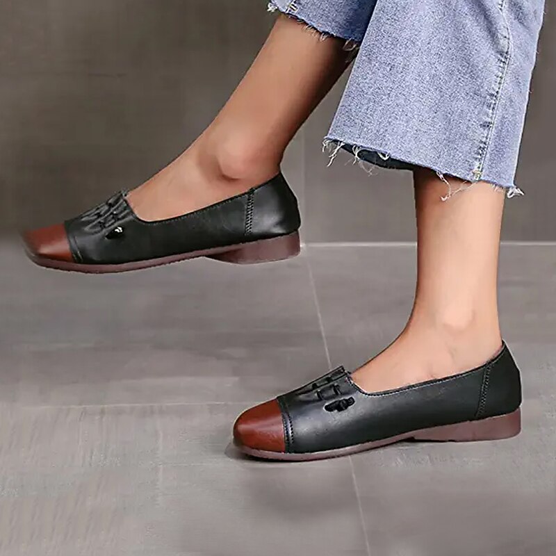 Women's Flats Plus Size Comfort Shoes Outdoor Office Work Color Block Summer Spring Lace-up Flat Heel Square Toe Casual Minimalism Walking Faux Leather Loafer Light Brown Black White3