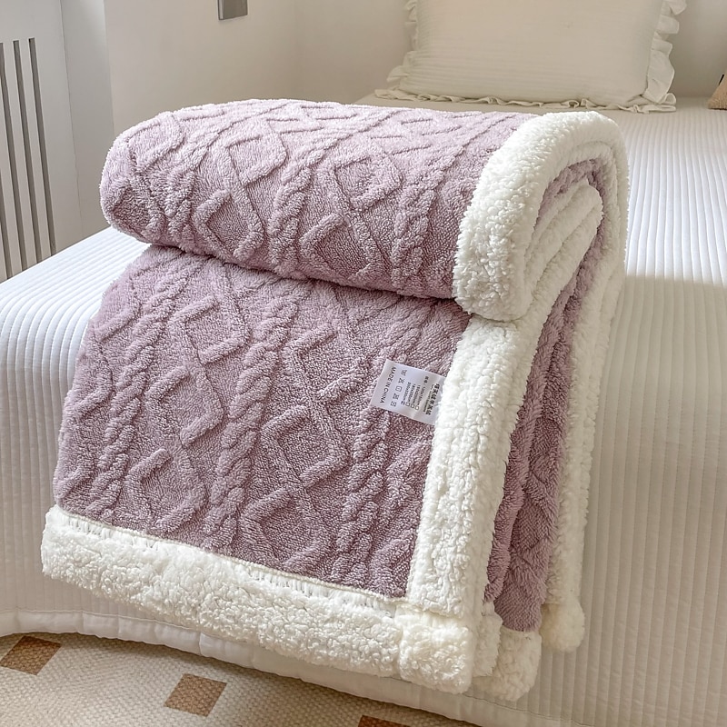 Solid Color Thickened Warm Double Layer Lamb Cashmere Jacquard Blanket Office Nap Blanket Sofa Warmer Super Soft Blankets3