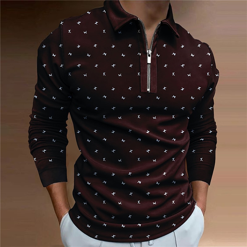 Men's Zip Polo Shirts Golf Shirt Long Sleeve Polo Shirts Collared Shirts Business Casual WorkWear Formal Wear Festival Wear 3D Print Quarter Zip Polo Olive Green Wine Navy Blue4