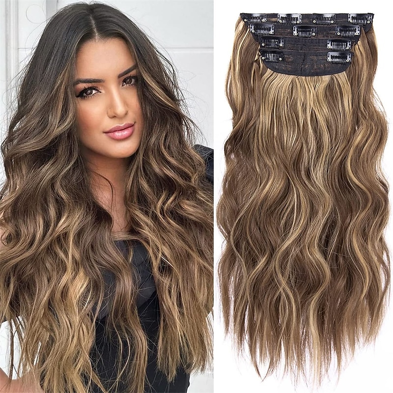 4PCS Clip in Hair Extensions Honey Blonde Mixed Light Brown 20 Inch Long Wavy Synthetic Hair Extensions