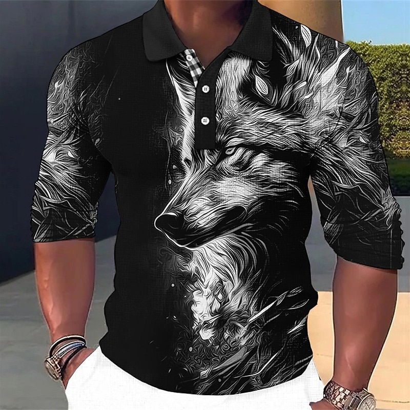 Men's Wolf Polo Shirts Golf Shirt Long Sleeve Polo Shirts Collared Shirts Casual Funny Vacation Wear Party Outfits 3D Print Buttons Fall & Winter Red Blue Green4