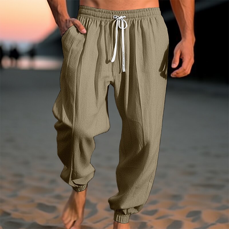 Men's Linen Pants Trousers Summer Pants Beach Pants Drawstring Elastic Waist Elastic Cuff Plain Comfort Breathable Casual Daily Holiday Fashion Classic Style ArmyGreen Navy Blue3