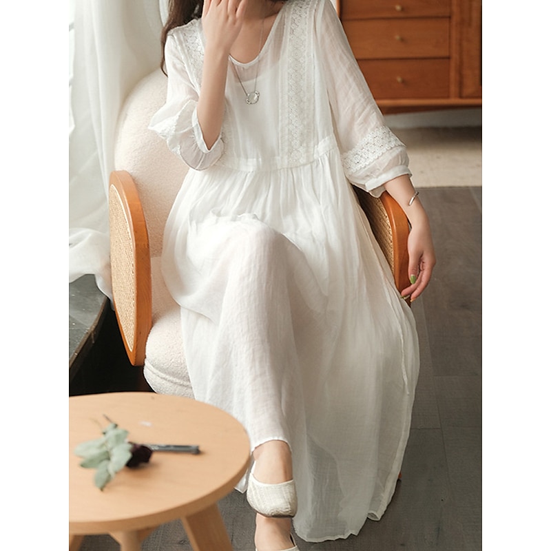 Women's Black White Yellow Fall Autumn Maxi Dress Linen-Inspired Dresses Casual Dress Basic Classic Casual Outdoor Vacation Daily Loose Fit Plain V Neck3