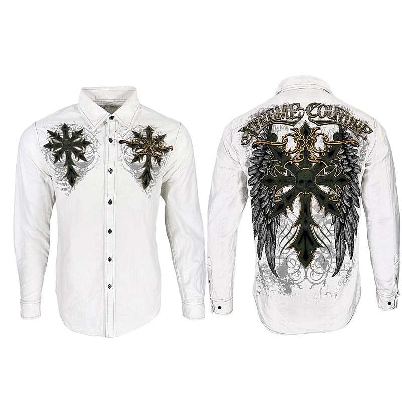 Men's Skull Graphic Prints Cross Shirt Western Shirt Button Up Shirt Long Sleeve Fashion Streetwear Designer Outdoor Daily Fall & Winter Turndown Print White2