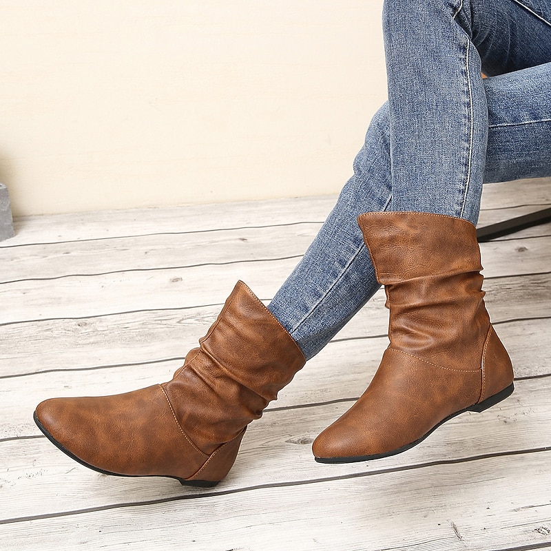 Women's Brown Slouch Mid - Calf Boots, Faux Leather Flat Heel for Versatile Everyday Casual Wear, Comfortable All - Day Style