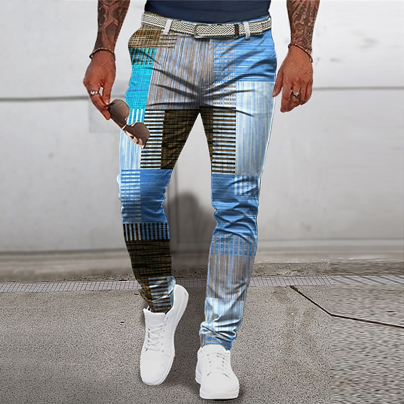 Plaid Geometry Business Men's 3D Print Pants Trousers Outdoor Street Wear to work Polyester Blue Green Khaki S M L Mid Waist Elasticity Pants3