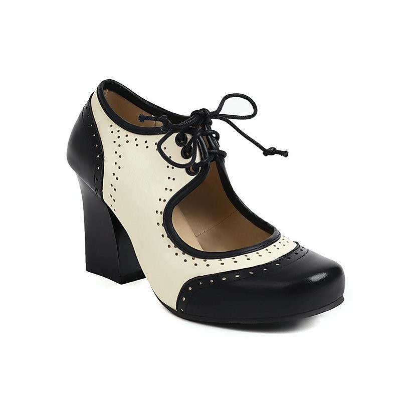 Women's Black and White Vintage Oxford Heels with Lace-Up Design, Retro Chunky Heel Shoes for Formal and Casual Wear3