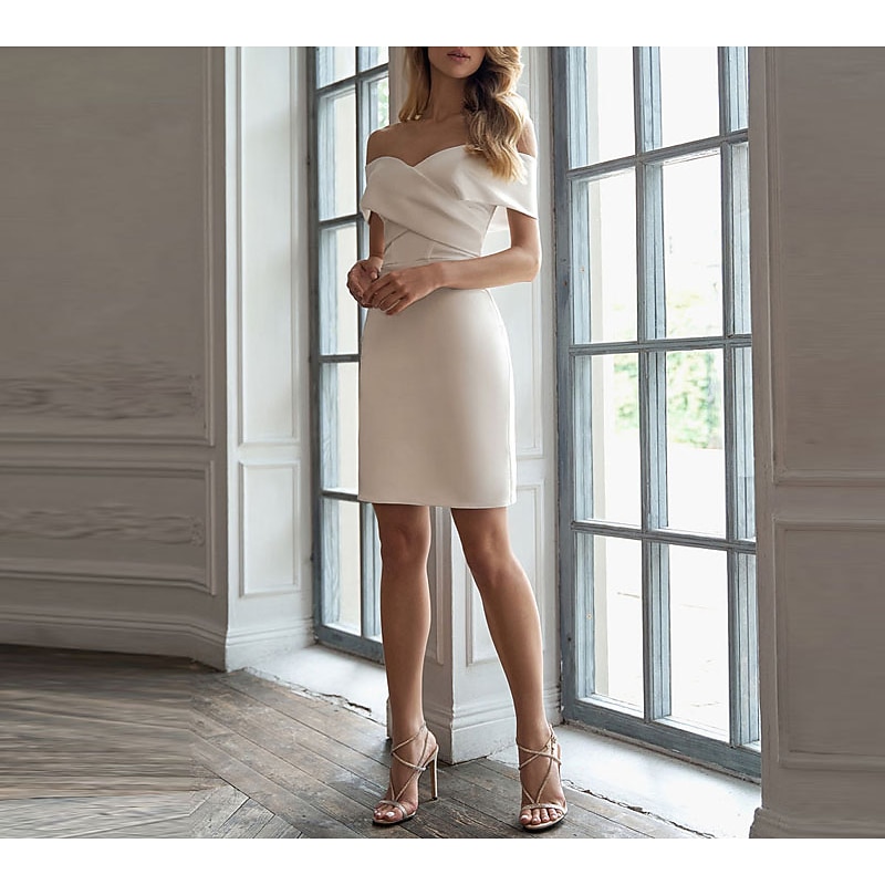 Little White Dress Bridal Shower Dresses Wedding Dresses Two Piece Off Shoulder Short Sleeve Sweep / Brush Train Satin Bridal Suits Bridal Gowns With Ruched2