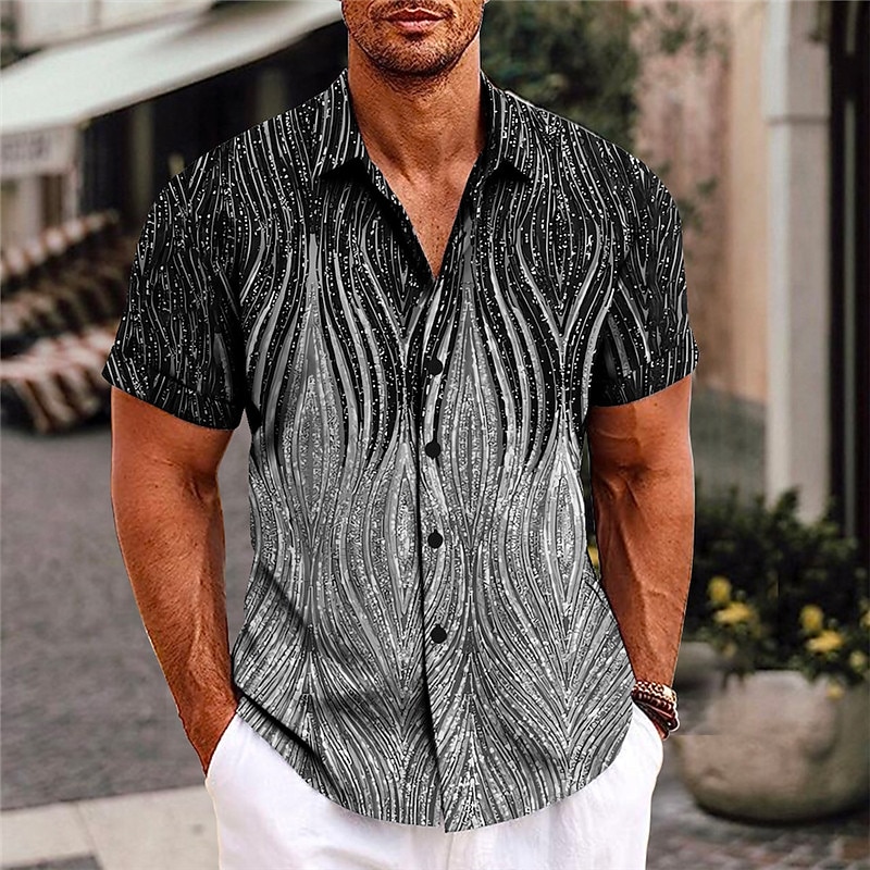 Men's Optical Illusion Geometric Pattern Shirt Button Up Shirt Short Sleeve Fashion Streetwear Designer Outdoor Daily Summer Spring Turndown Print Silver Gold2