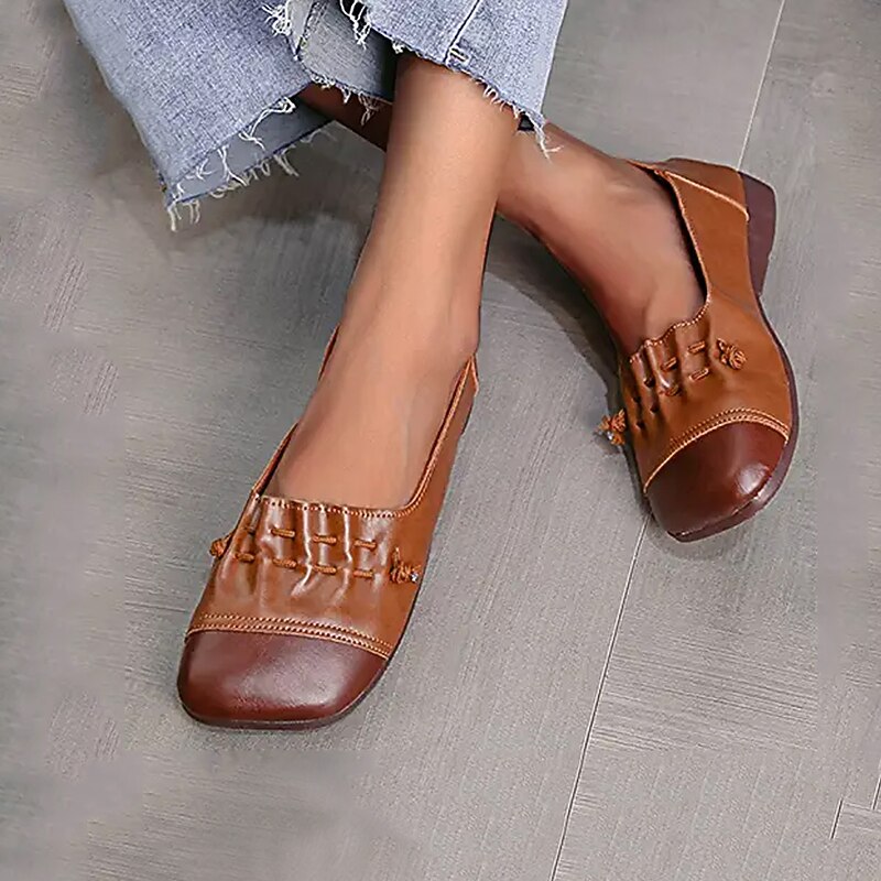 Women's Flats Plus Size Comfort Shoes Outdoor Office Work Color Block Summer Spring Lace-up Flat Heel Square Toe Casual Minimalism Walking Faux Leather Loafer Light Brown Black White2