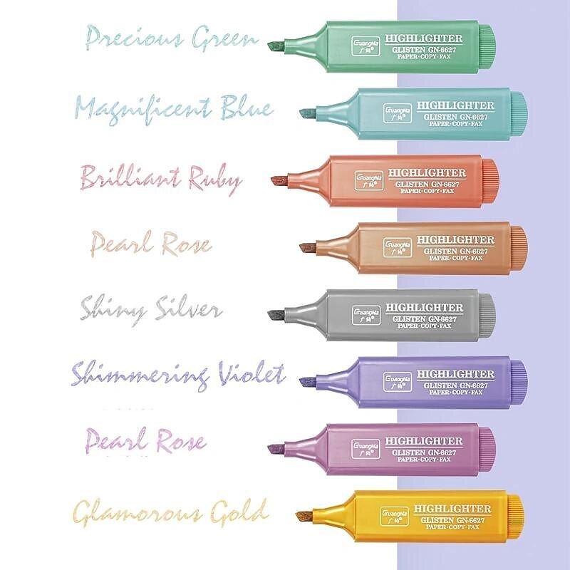 8 Colors Metallic Highlighter Set Oblique Tip Water-Based Shiny Glitter Color Marker Highlight Pen School Office Supplies2