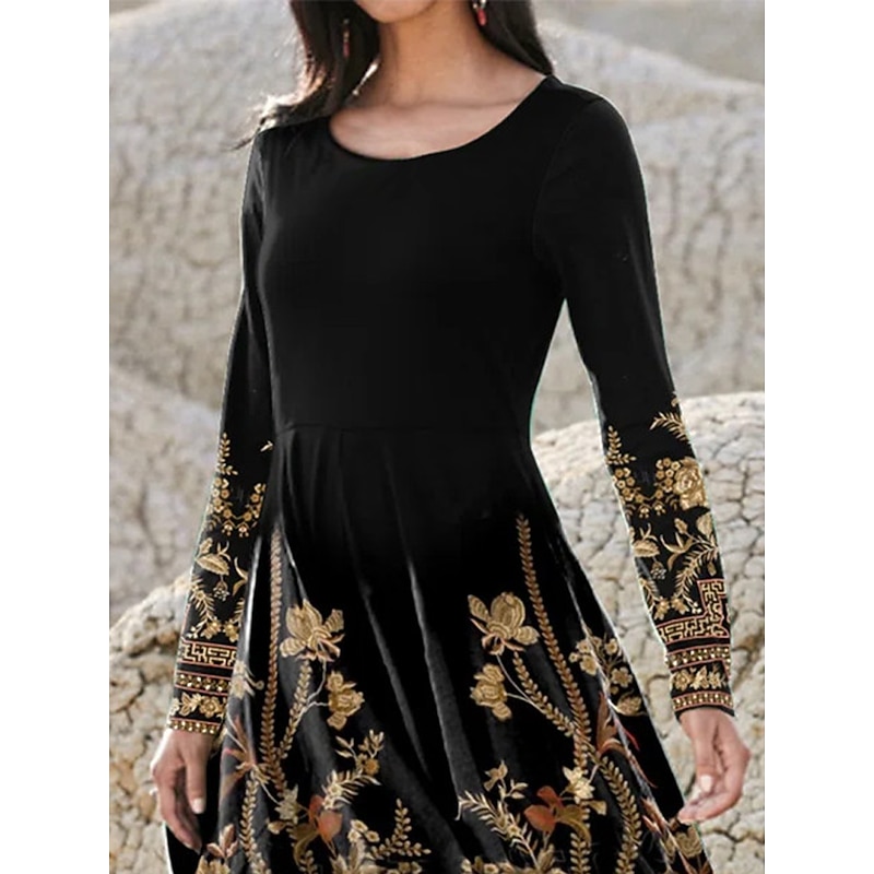 Women's Midi Dress A Line Dress Casual Dress Winter Dress Swing Dress Fashion Streetwear Mature Formal Outdoor Vacation Regular Fit Floral Long Sleeve Crew Neck Black Spring Fall Winter2