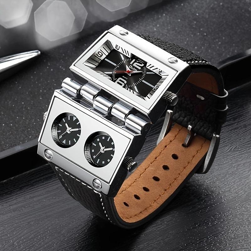 Oulm Quartz Watches for Men Sports Mens Wristwatch Three Time Zone Casual Square Dial Unique Leather Watch Male relogio masculino
