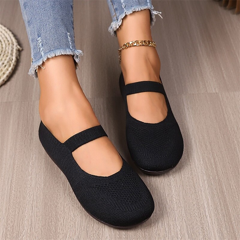 Women's Black Knit Mary Jane Flats – Comfortable Slip-On Shoes with Strap for Casual, Everyday Wear3