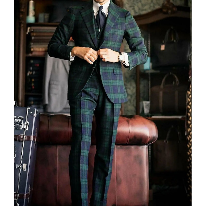 Men's Wedding Party Suits Notch Notch Lapel Dark Green Plaid Checkered Tailored Fit 3 Piece Single Breasted Two-buttons4
