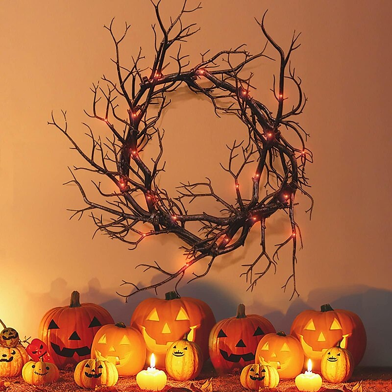 Halloween Wreath Decoration for Front Door Orange Lights Glitter Black Branch Wreath Halloween Decorations Home Indoor Outdoor Party Wall Decor Vintage Outside Hanging Window Garland Yard Scary
