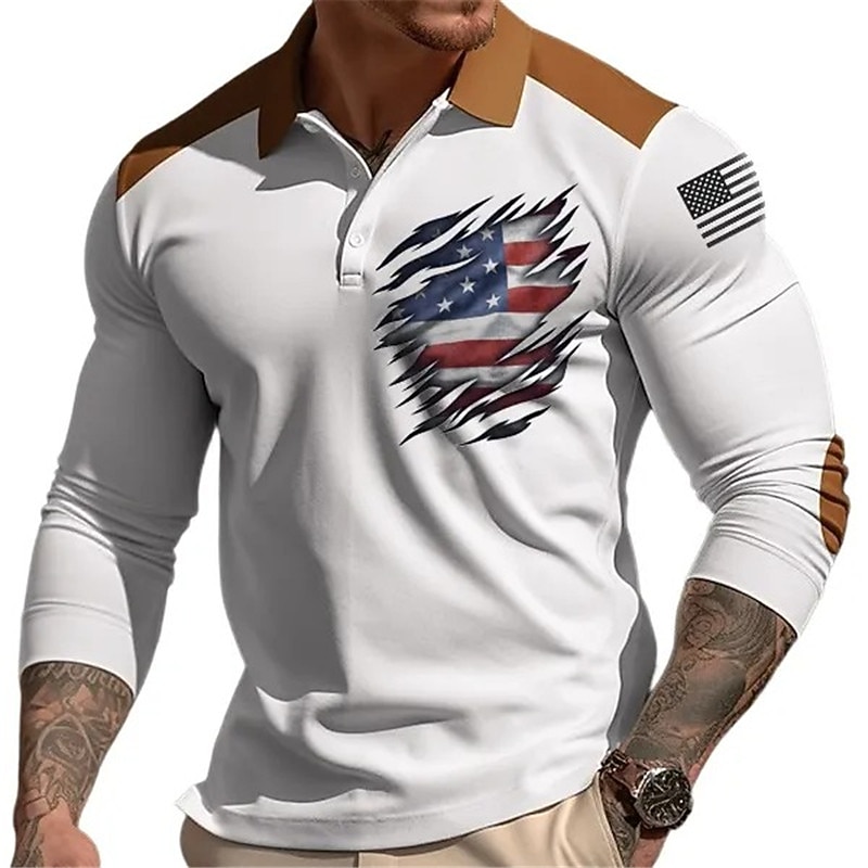 Men's American Flag Veterans Polo Shirts Golf Shirt Long Sleeve Polo Shirts Collared Shirts Casual Streetwear Vacation Wear Party Outfits 3D Print Buttons Yellow Blue Green