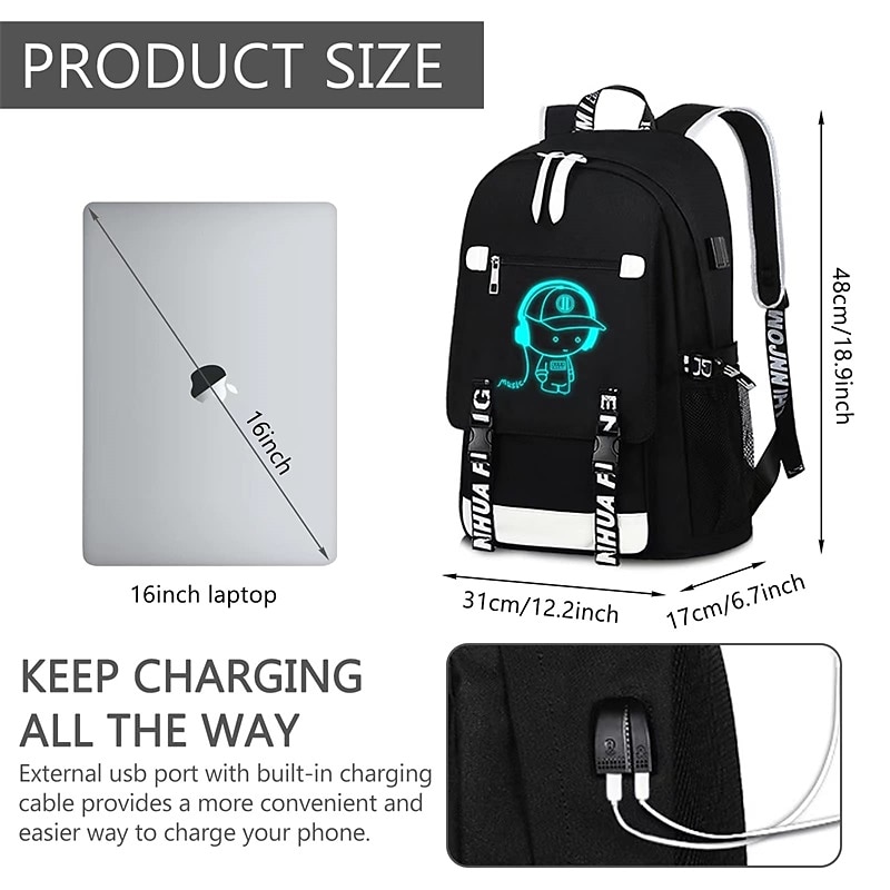 Boys' Luminous School Backpack with USB Charging Port and Lock – Waterproof Teen Bookbag with Headphone Jack for Middle School, Travel, or Daily Use3