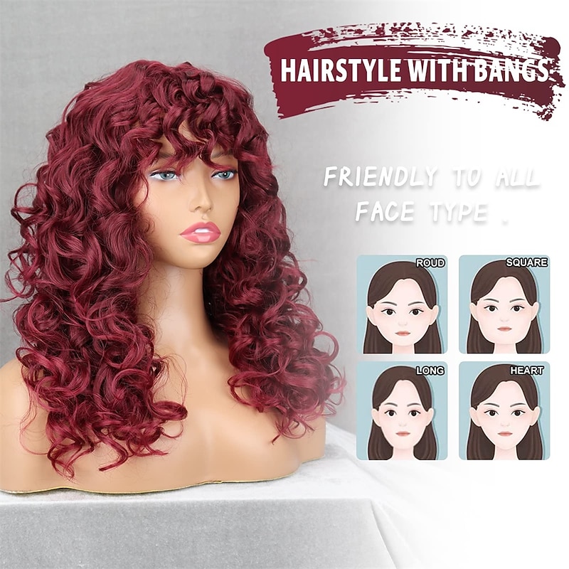 Long Red Curly Afro Wigs for Black Women Fluffy Wavy Wine Wig with Bangs Afro Kinky Curly Big Bouncy Wig for Daily Use3