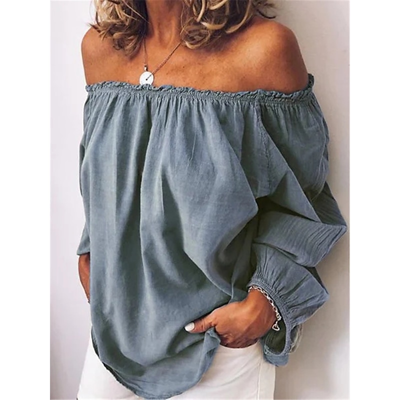 Women's Shirt Blouse Long Cotton Top Cotton Linen Shirts Plain Daily Basic Long Sleeve Off Shoulder Regular Tops Casual Yellow Army Green Red Blue Purple Fall & Winter 7