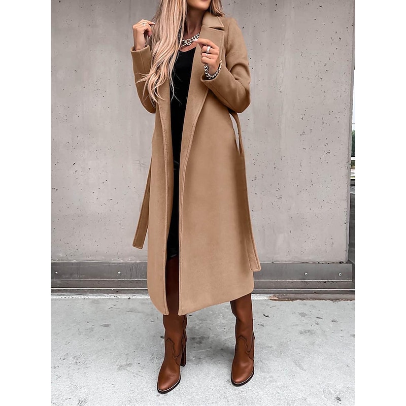 Women's Winter Coat Long Overcoat with Belt Fall Lapel Pea Coat with Pockets Trench Coat Fashion Street Wear Formal Jacket Long Sleeve  Black White Yellow2