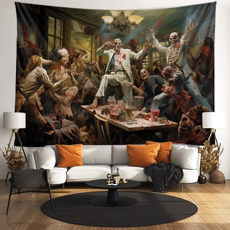 Halloween Party Horror Hanging Tapestry Wall Art Large Tapestry Mural Decor Photograph Backdrop Blanket Curtain Home Bedroom Living Room Decoration Skull Zombie Blood Halloween Decorations2