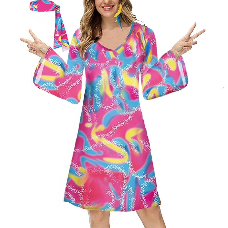 Hippie 1970s Disco Dress Cosplay Costume Headband Flare Cuff Sleeve Hippie Disco Fancy Dress Women's Girls' Halloween Carnival Masquerade Party Evening Wear Pride Parade Pride Month Adults' Dress2