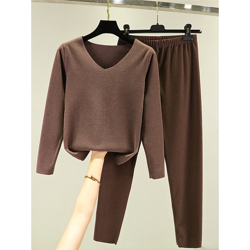 Women's Pajamas Thermal Set Pure Color Fashion Plush Casual Home Daily Bed Acrylic Breathable V Wire Long Sleeve T shirt Tee Pant Fall Winter Home Outfits4