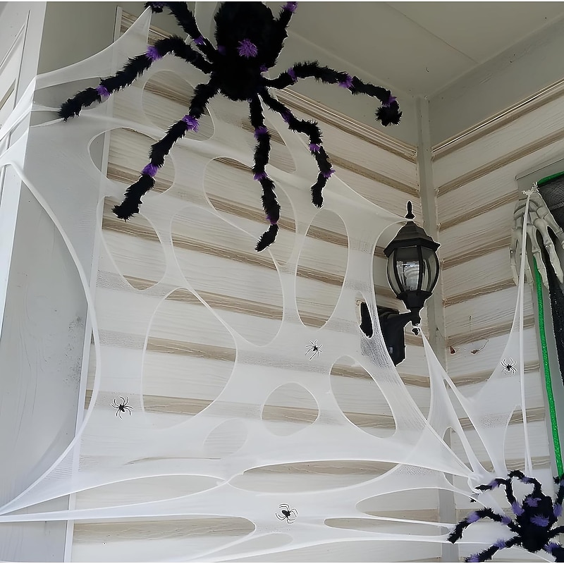 Halloween Decorations Outdoor Spider Web,Stretchy Beef Netting Spiders Webbing Pre-Cut Gauze Cobweb Haunted House Decor4