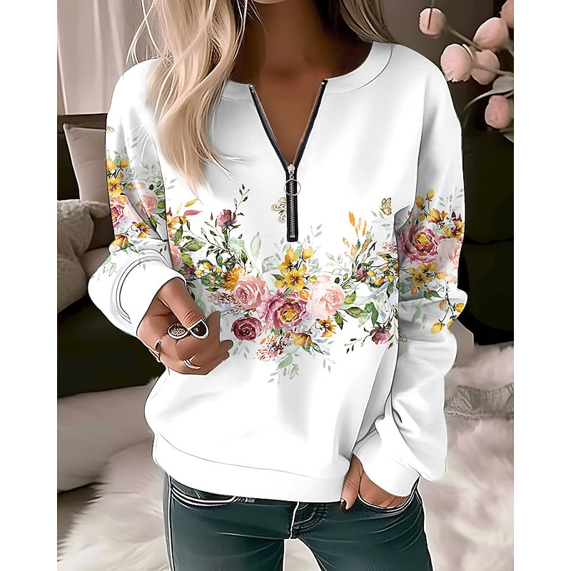 Women's Quarter Zipper Sweater Pullover Floral Butterfly Casual Sports Quarter Denim Blue White Navy Blue Elegant Vintage Fashion Half Long Sleeve Top  Comfrt Breathable Soft Fabric