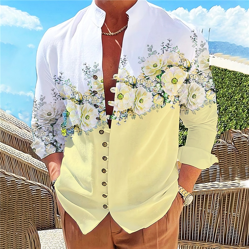 Men's Floral Shirt Button Up Shirt Long Sleeve Fashion Streetwear Designer Outdoor Casual Daily Summer Spring Fall Stand Collar Print Yellow Pink Purple Green Gray4