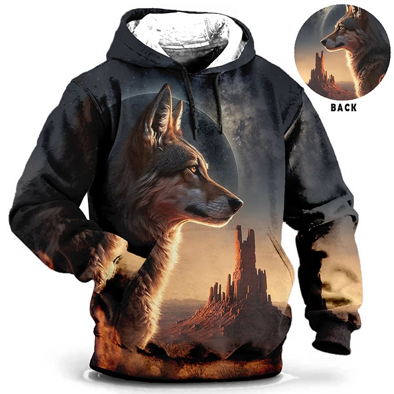 Men's Animal Wolf Graphic Prints Hoodie Hoodies Sweatshirt Daily Classic Long Sleeve Hooded Holiday Going out Streetwear Blue Brown Print Spring &  Fall Designer