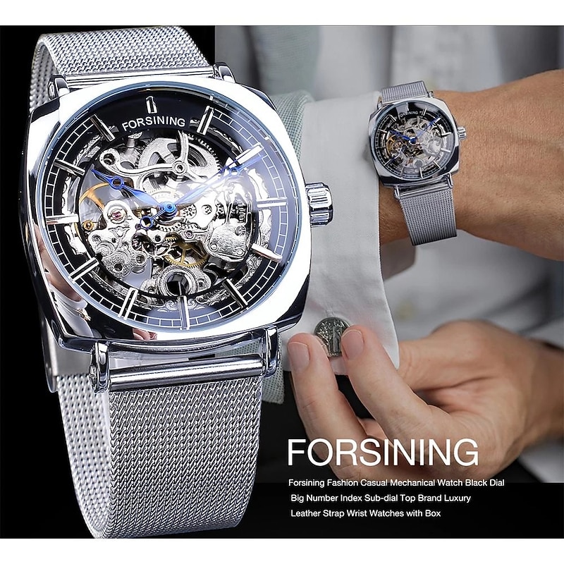 FORSINING Men Mechanical Watch Large Dial Fashion Business Wristwatch Hollow Skeleton Automatic Self-winding Luminous Waterproof Alloy Leather Watch3