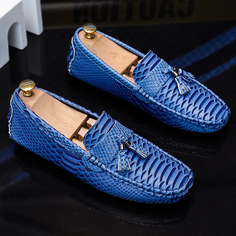Men's Blue Faux Snakeskin Loafers with Tassels – Stylish Slip-On Dress Shoes for Formal and Casual Occasions4