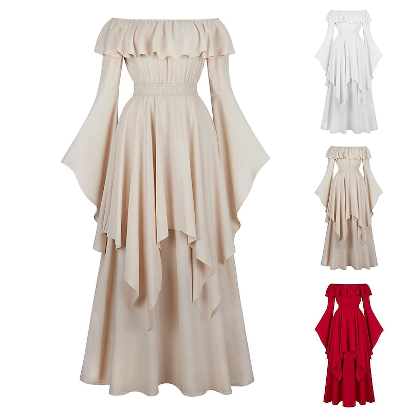 Elegant Medieval Renaissance Cocktail Dress Regency Inspired Dress Puff Sleeve Viking Elven Off Shoulder Solid Color Fancy Dress Women's Celtic Pirate Fantasy Halloween Carnival Masquerade Halloween