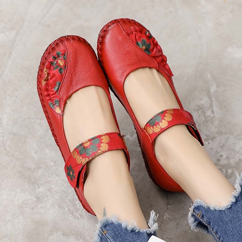 Women's Red Leather Barefoot Mary Jane Flats – Embroidered Floral Casual Comfort Shoes with Hook & Loop Straps2