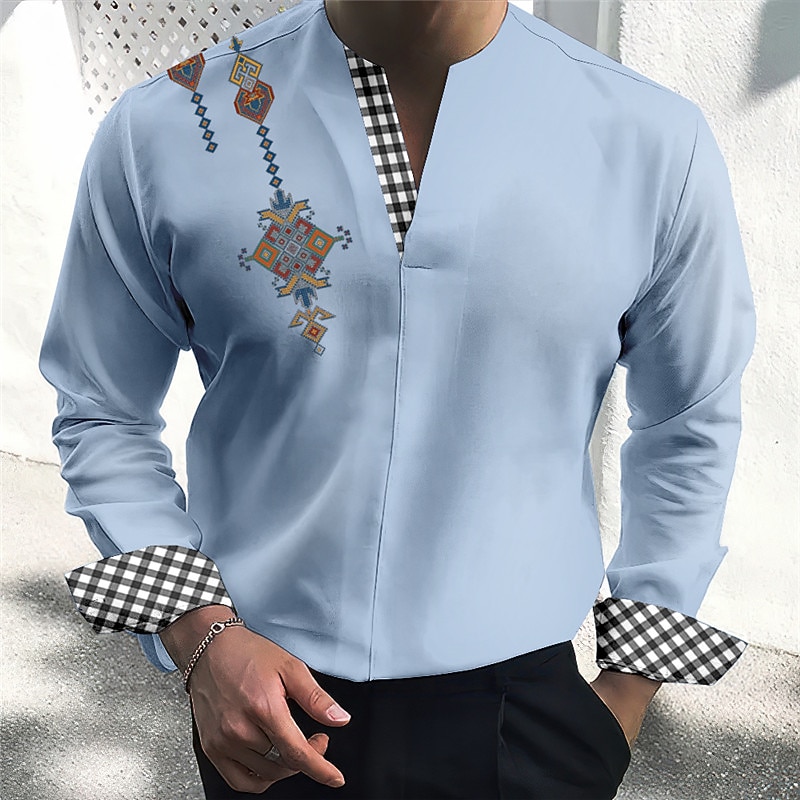 Men's Tribal Vintage Geometry Shirt Button Up Shirt Long Sleeve Fashion Streetwear Designer Outdoor Casual Daily Summer Fall V Neck Print Black Pink Blue Green Khaki