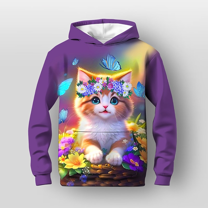 Girls' 3D Floral Cartoon Cat Hoodie Long Sleeve 3D Print Fall Winter Active Fashion Cute Kids 3-12 Years Outdoor Casual Daily Regular Fit4