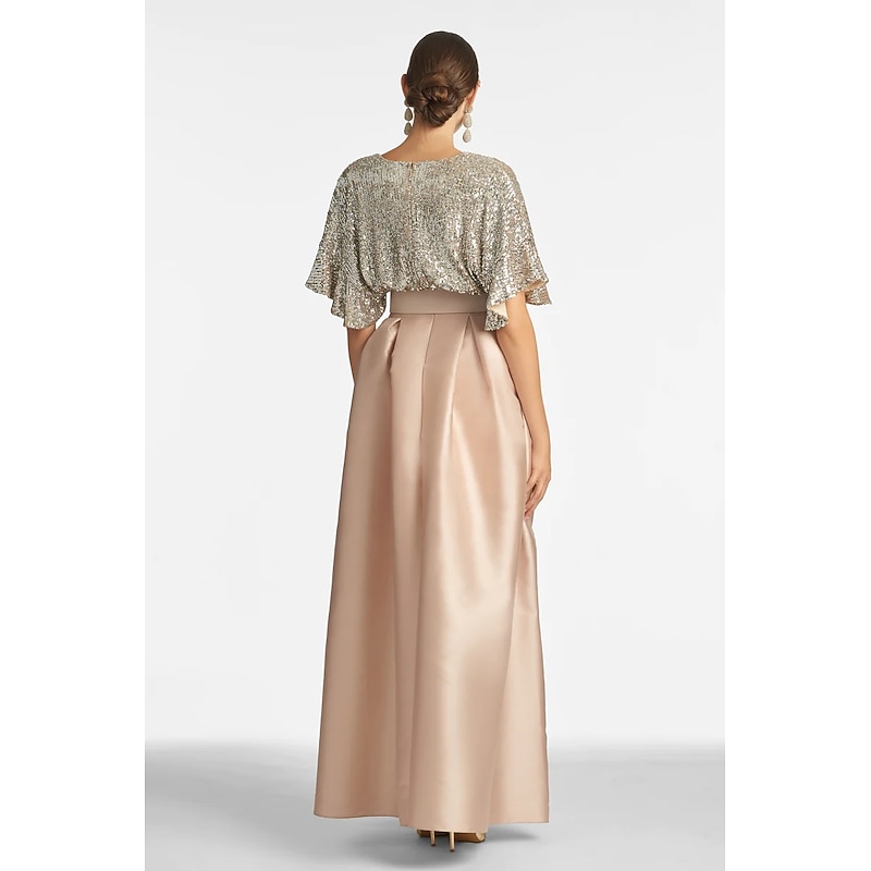 A-Line Evening Gown Elegant Dress Formal Wedding Guest Ankle Length Half Sleeve V Neck Fall Wedding Guest Sequined with Sequin Strappy4