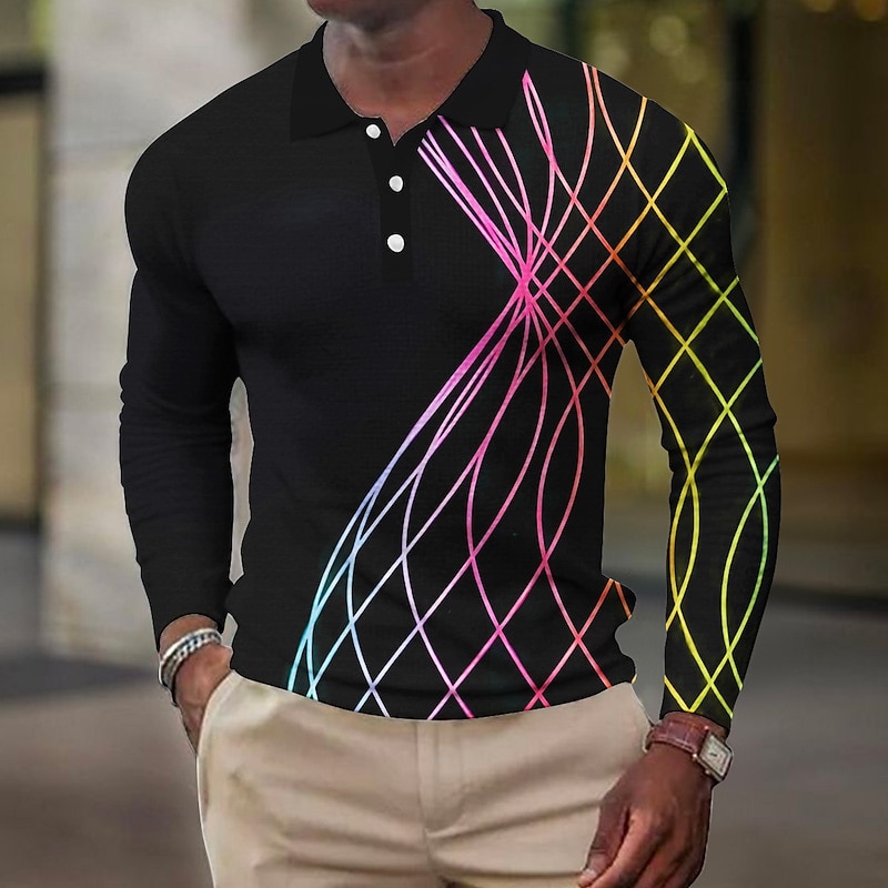 Men's Geometric Waffle Polo Shirts Golf Shirt Long Sleeve Polo Shirts Collared Shirts Business Casual Vacation Wear Formal Wear Festival Wear Buttons 3D Print Black White Pink3