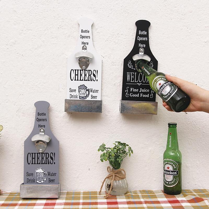 1pc Retro Wooden Bottle Opener Wall Mounted Hanging Beer Openers Bar Tools Alloy Electroplating Process Bar Cafe Wall Decoration2