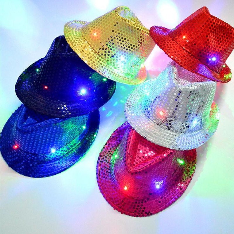 Creative LED Flashing Jazz Cap Adult Hip Hop Dance Show Sequin Jazz Hat Glow In The Dark Luminous Fedora Costumes Stage Props2