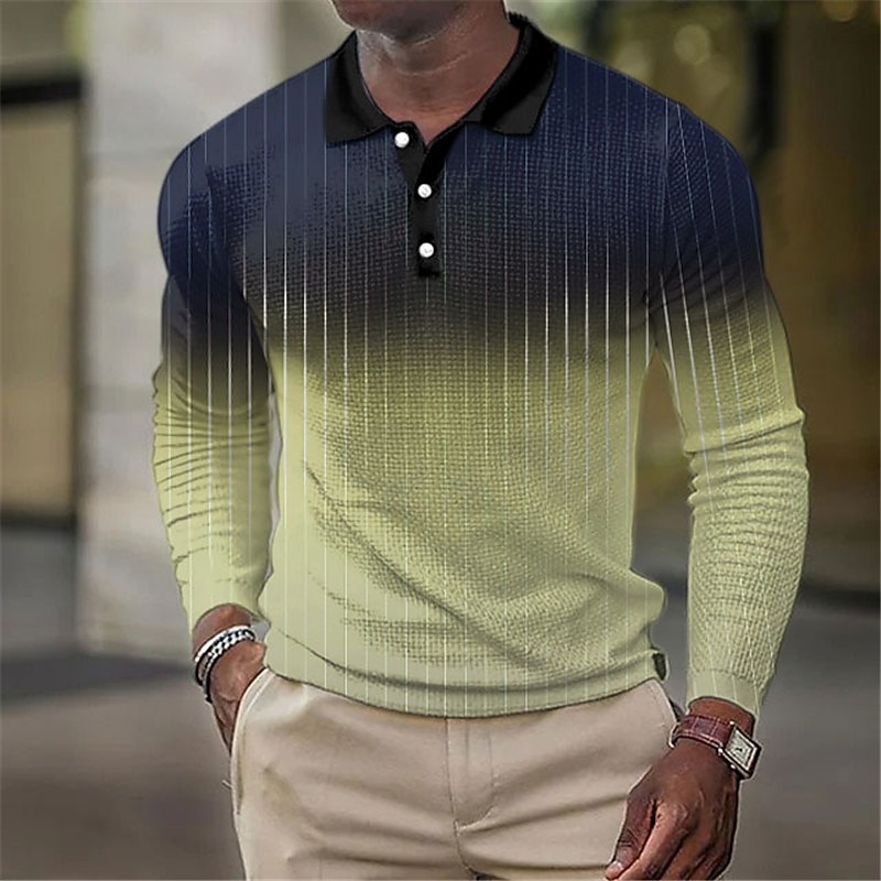Men's Geometric Waffle Polo Shirts Golf Shirt Long Sleeve Polo Shirts Collared Shirts Business Casual Vacation Wear Formal Wear Festival Wear Buttons 3D Print Blue Green Khaki3