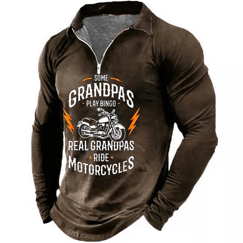 Men's Long Sleeve Graphic T-Shirt: 'Some Grandpas Play Bingo, Real Grandpas Ride Motorcycles' Funny Biker Grandpa Zipper Collar4